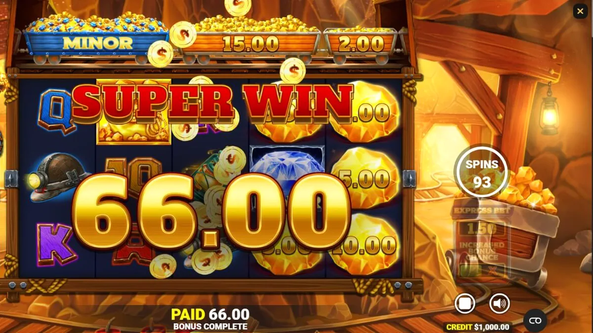 Tampilan layar permainan slot Gold Strike Express dengan tema tambang emas
