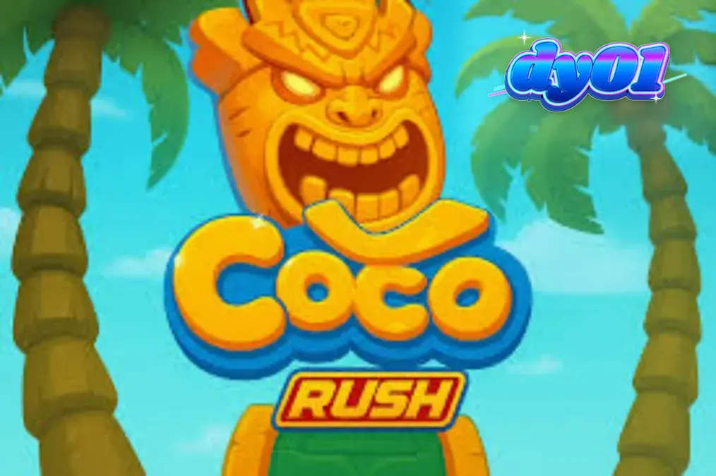 Tampilan visual slot Coco Rush dengan latar belakang pantai tropis dan simbol bertema pulau.
